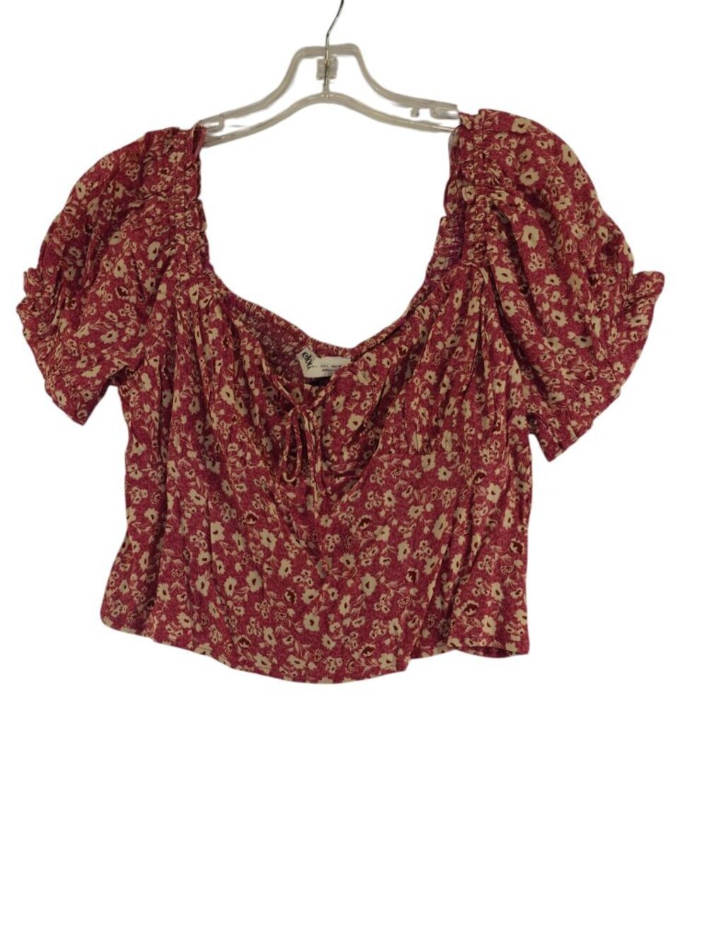 Elodie Womens Crop Top Pink Floral Puff Sleeve Smocked Blouse Rayon Tie L